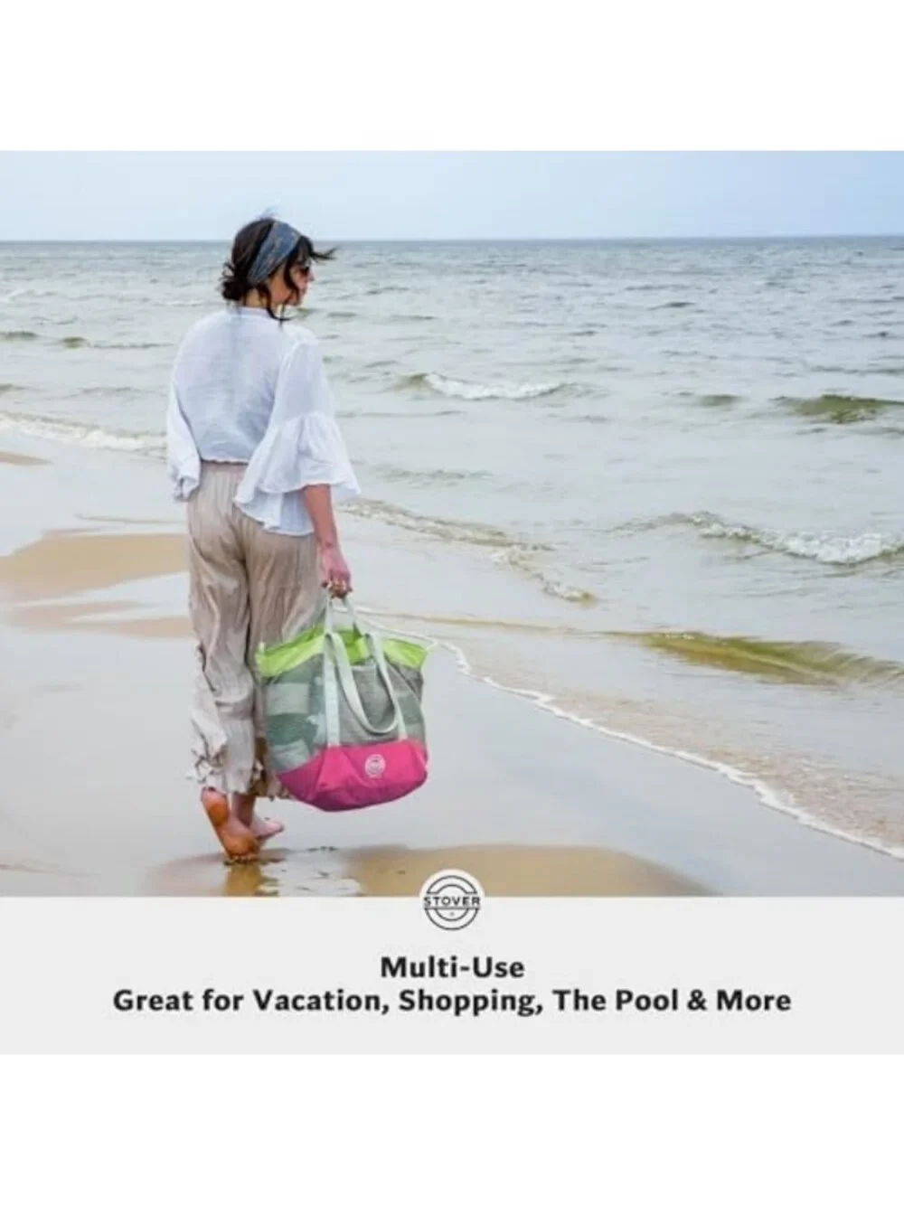 Large Mesh Beach Tote Bag - Foldable Travel Bag with Pockets for Vacation & Pool